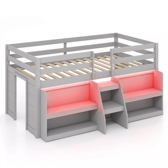 Twin Low Loft Bed for Kids, Wooden Loft Bed with Adjustable LED Lights, Stairs, Safety Guardrail, Storage Bookcase & Under Bed Play Area
