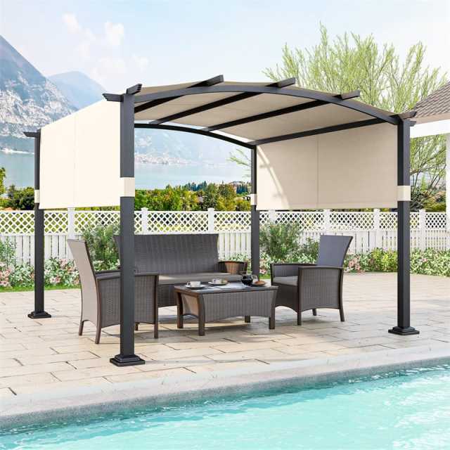 10' x 10' Outdoor Pergola with Retractable Sun Shade Canopy, Metal Frame Patio Pergola Extra Large Shelter Pavilion w/ Anchored Plates