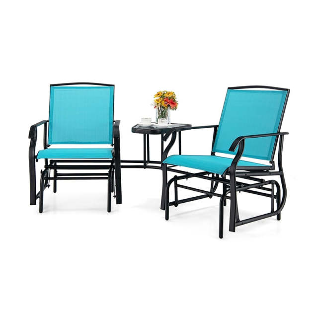 Bestoutdor Double Glider Chairs with Glass Table & Umbrella Hole, Steel Frame Patio 2-Person Rocking Chairs Breathable Fabric