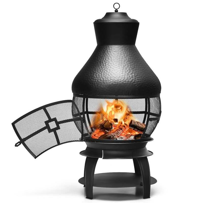 Wood Burning Chiminea, Cast Iron Outdoor Fireplace Fire Pit with 2-Piece Log Grate, 360° Fire Retardant Mesh Cover, Rain Cap & Poker for Garden Patio