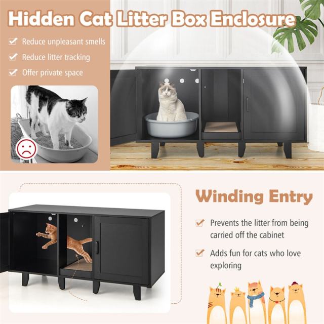 Double Cat Litter Box Enclosure, Large Hidden Cat Washroom Furniture with 2 Cabinets & Scratching Board, Cat House TV Stand Side Table