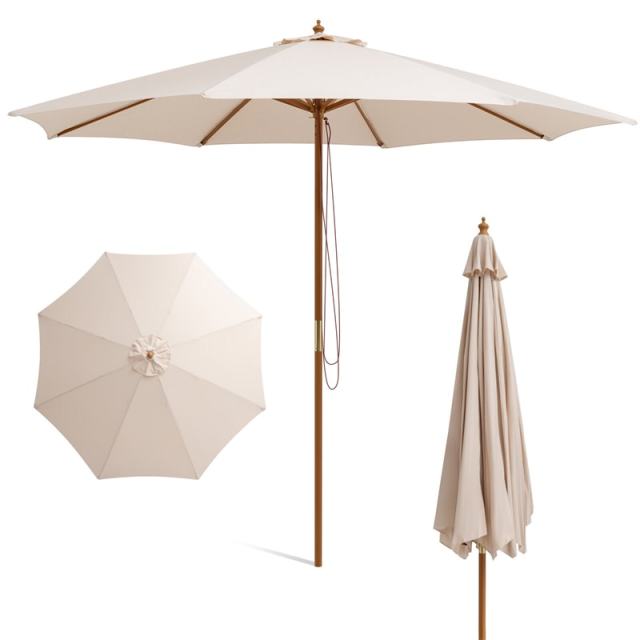 10FT Wooden Patio Umbrella with Rope Pulley Lift, 3 Height Adjustments, 8 Bamboo Ribs, Vented Roof Outdoor Table Umbrella for Poolside, Backyard