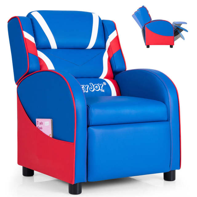 Kids Recliner Chair, Adjustable Gaming Recliner with Footrest, Headrest, Lumbar Support & Side Pockets, Ergonomic Leather Sofa for Boys Girls