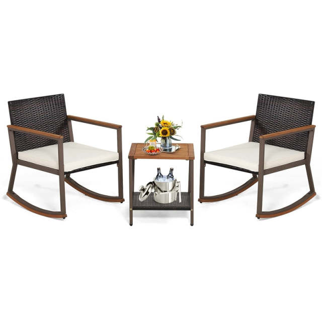3-Piece Rattan Rocking Bistro Set w/ Cushions, Acacia Wood Top Coffee Table & Storage Shelf, Patio Conversation Set for Balcony, Porch, Poolside