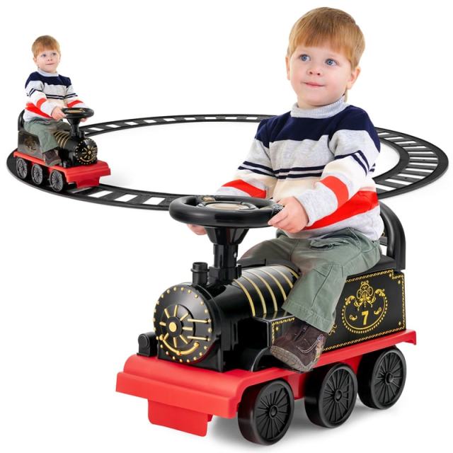 6V Electric Kids Ride On Train with Tracks, Storage Seat, Flashing Lights & Music, Battery Powered Ride-On Train Toy for Boys & Girls