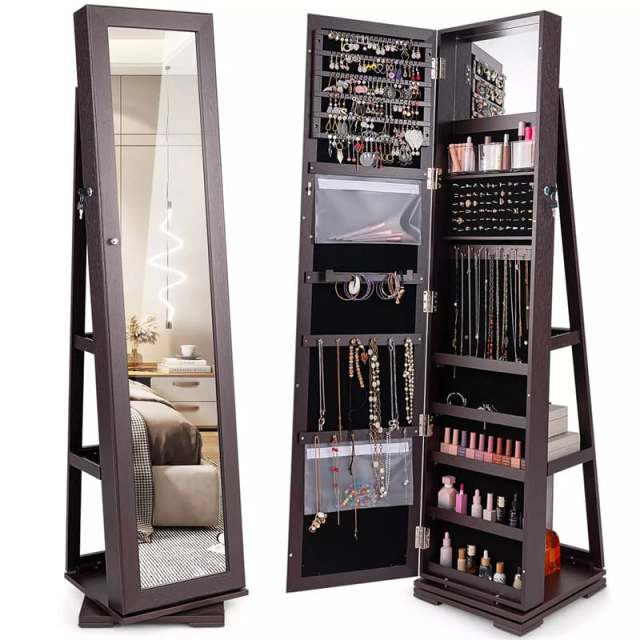 360° Swivel Jewelry Cabinet Armoire with Full Length Mirror & Rear Storage Shelves, Standing Lockable Jewelry Organizer Inside Makeup Mirror