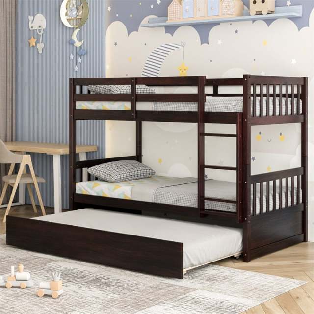 Twin Over Twin Bunk Bed with Twin Trundle, Solid Wood Platform Bed Frame Space-Saving Convertible Bunk Bed with Ladder for Teens & Adults