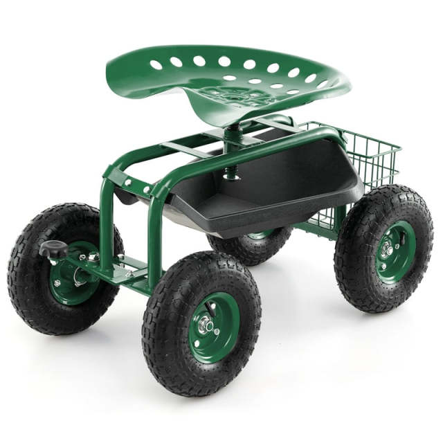 Rolling Garden Cart with 360° Swivel Seat, Tool Tray & Basket, Height Adjustable Gardening Workseat on Wheels, Patio Wagon Scooter for Planting