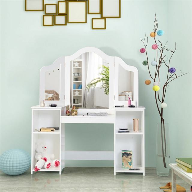 Kids Makeup Vanity Table, 2-in-1 Princess Dressing Table with Tri-folding Detachable Mirror & Storage Shelves, Pretend Play Girls Study Desk