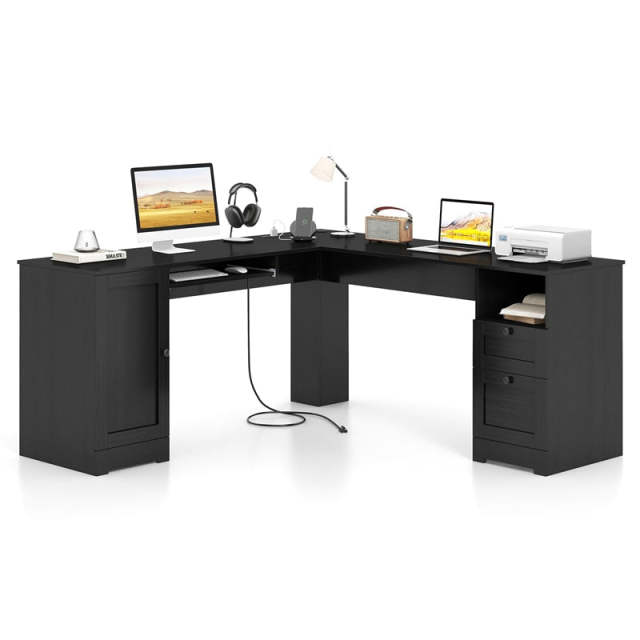 66" L-Shaped Office Desk, Modern Executive Corner Computer Desk with Power Outlets, Storage, Adjustable Shelf, Keyboard Tray for Working Writing