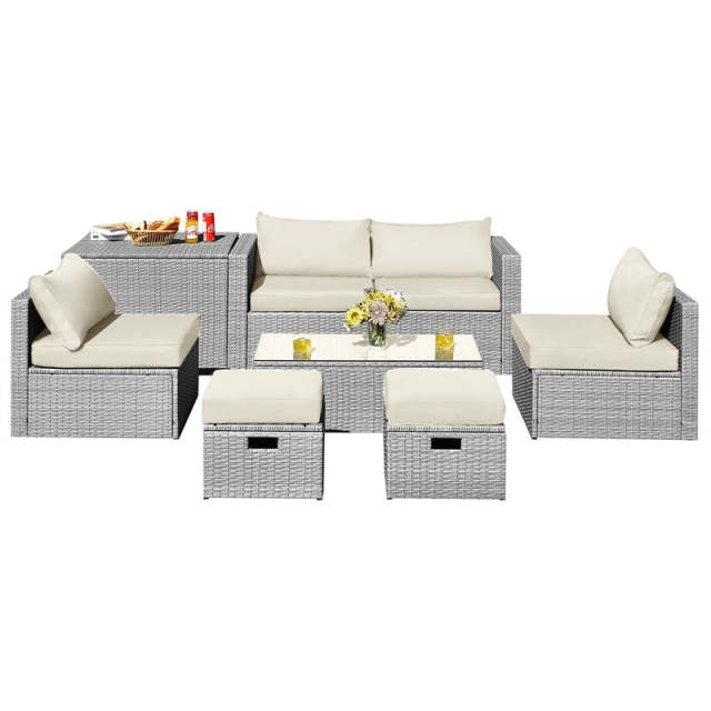 8 Piece Patio Furniture Set, PE Rattan Sectional Sofa Set with Storage Box, Ottomans, Coffee Table, Waterproof Cushions for Poolside/Balcony