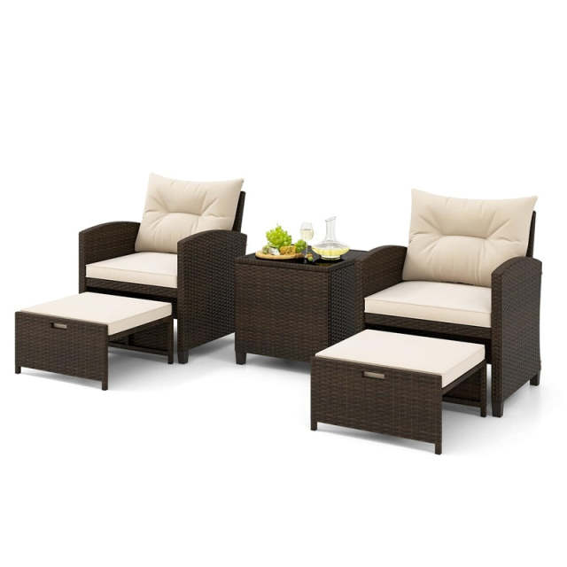 5-Piece Patio Rattan Furniture Set, Cushioned Wicker Chairs with 2 Ottomans & Glass Coffee Table, Outdoor Sectional for Porch Backyard Poolside