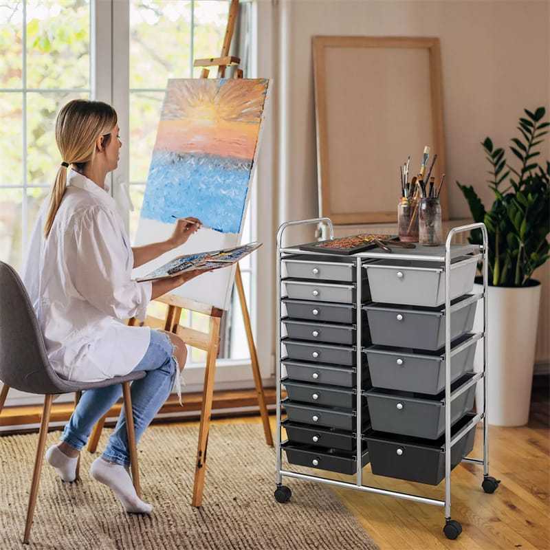 15-Drawer Rolling Storage Cart, Art &  Craft Organizer with Wheels & Removable Drawers for Tools, Scrapbook Paper, Home Office School