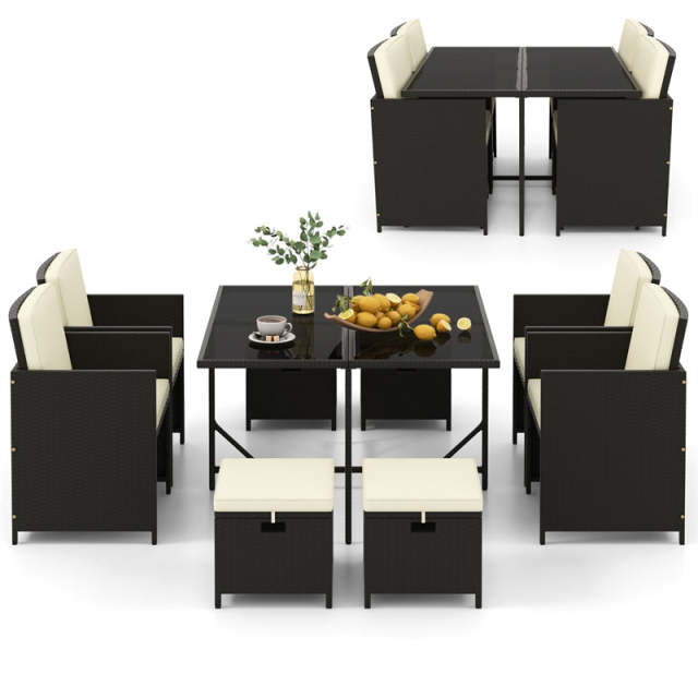 9 Pieces Outdoor Dining Furniture Set Rattan Patio Conversation Set Space Saving Wicker Cushioned Chairs Tempered Glass Table with Ottomans