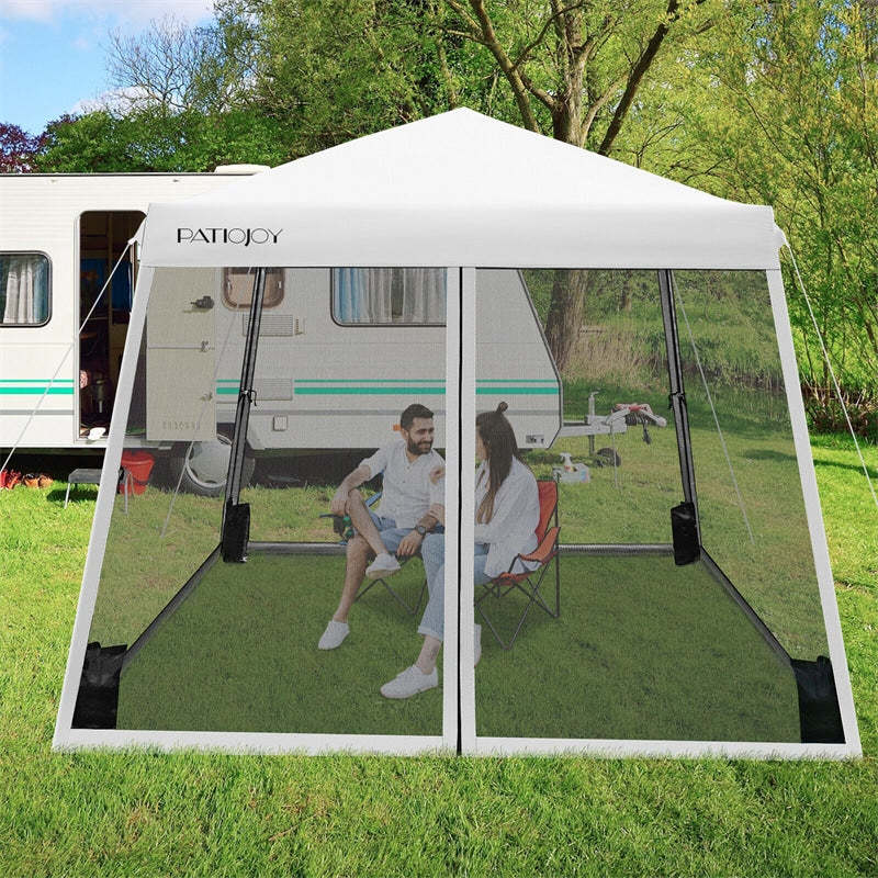 10x10FT Slant Leg Pop-Up Canopy with Mesh Sidewalls & Roller Bag, Foldable Outdoor Instant Setup Canopy Tent for Patio, Camping, Beach Events