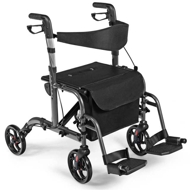 2-in-1 Folding Rollator Walker with Seat for Seniors, Aluminum Medical Walker Transport Chair Combo with 8" Wheels, Adjustable Handle & Backrest