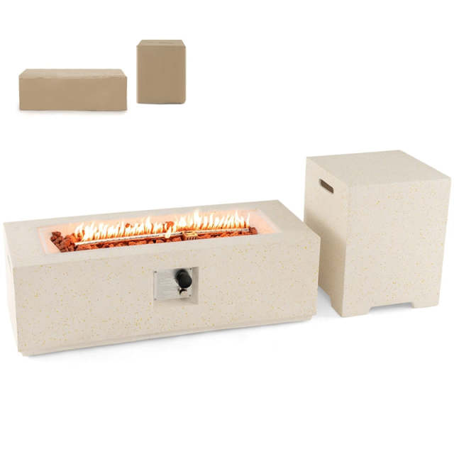 2-Piece Outdoor Propane Fire Pit Set 50,000 BTU 42" Terrazzo Fire Pit Table with Hideaway Tank Cover Table, 2 Waterproof Covers, CSA Certified