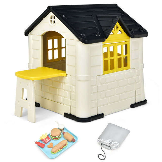 Kids Playhouse, Cottage Pretend Play House with 7PCS Toy Set, Picnic Table & Waterproof Cover for Indoor Outdoor, Boys & Girls Gifts