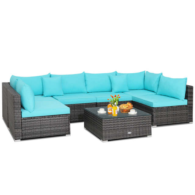 7PCS PE Rattan Modular Outdoor Sectional Set with Tempered Glass Top Table & Cushions, Patio Sofa Furniture for Backyard, Poolside Garden