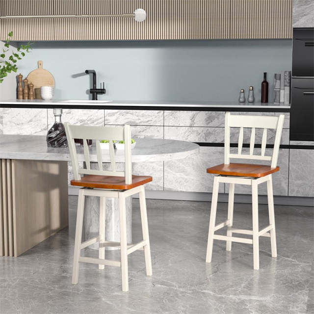 360° Swivel Bar Stools Set of 2, 24.5" Rubber Wood Counter Height Bar Chairs with Ergonomic Back & Footrest for Kitchen Island, Pub, Dining Room