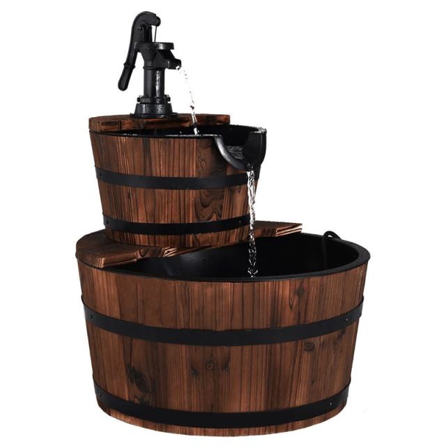 2-Tier Rustic Wood Barrel Water Fountain with Electric Pump, Outdoor Barrel Waterfall Feature with Decorative Hand for Garden, Patio & Backyard