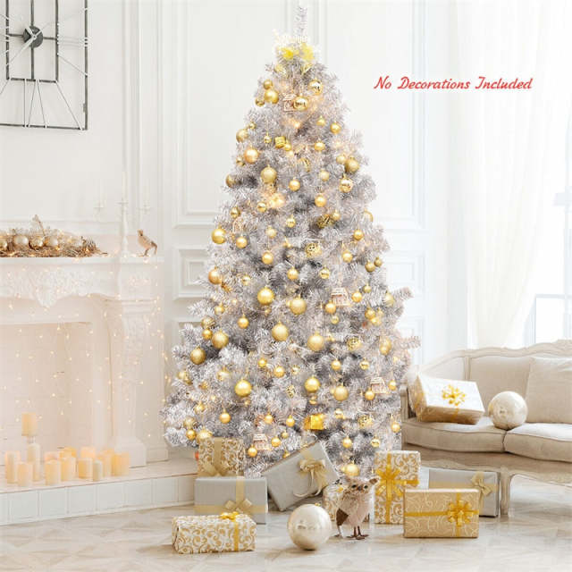 7.5FT Silver Artificial Christmas Tree Unlit Hinged Full Tree with Metal Stand, Electroplated Technology for Indoor Outdoor Holiday Decor