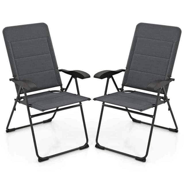 Set of 2 Folding Patio Chairs with 7-Position Adjustable Backrest, Padded Outdoor Reclining Chairs for Backyard Garden Deck, 300 lbs Capacity -h1