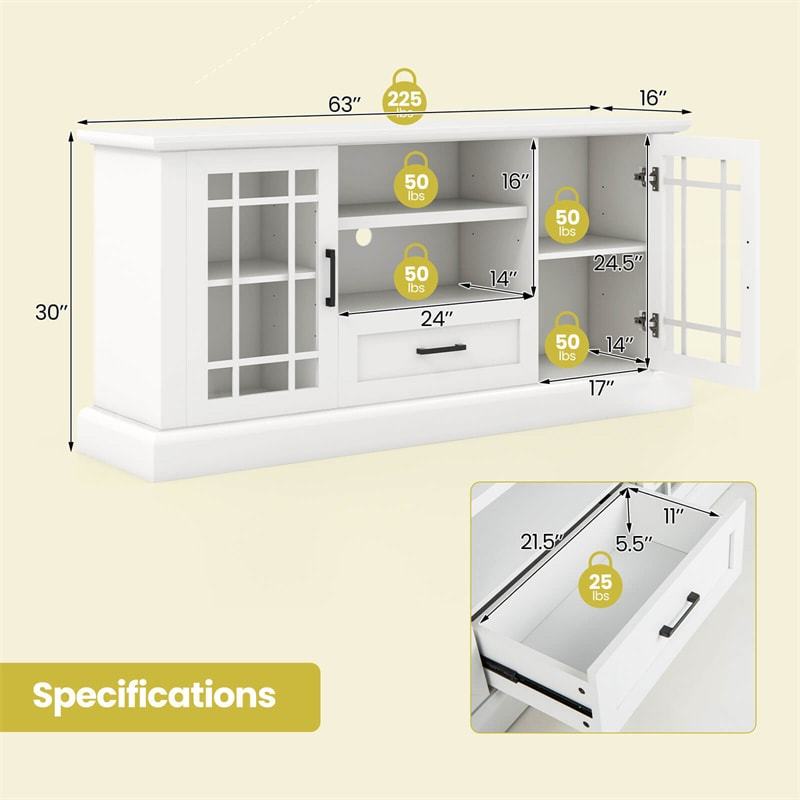 Farmhouse TV Stand for TVs up to 70", Entertainment Center Tall Media Console with 2 Glass Doors, Cubbies & Drawer, Living Room Storage Cabinet