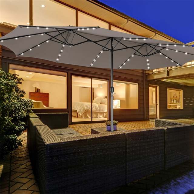 15FT Double-Sided Patio Umbrella with Base, 48 Solar LED Lights & Crank Handle, Extra Large Double Outdoor Umbrella for Poolside, Backyard