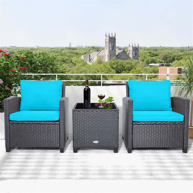 3 Piece Rattan Patio Conversation Furniture Set, Outdoor Wicker Sofa Chair Set with Coffee Table, Washable Cushions & 2-Set Covers