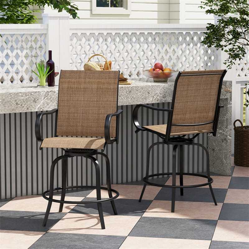Outdoor Swivel Bar Stools Set of 2, All-Weather Steel Frame Bar Height Patio Chairs with Curved Armrests, High Back & Cozy Footrest