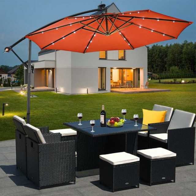 10' Solar LED Offset Patio Umbrella Hanging Market Umbrella Sun Shade with Heavy-Duty Cross Base