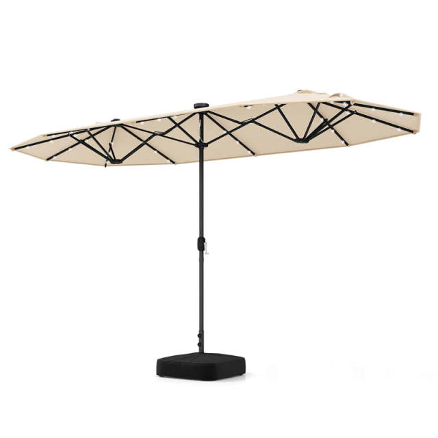 13FT Double-sided Patio Umbrella with Base, 36 Solar LED Lights & Crank Handle, Large Twin Table Umbrella for Poolside, Outdoor Dining