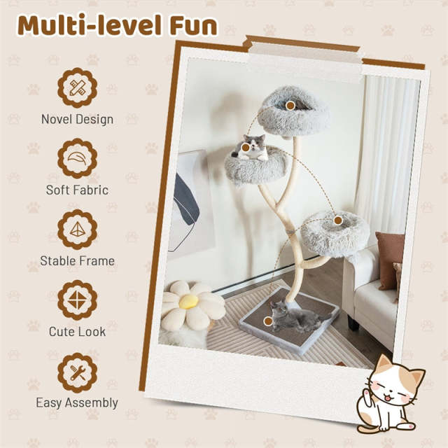 70" Tall Cat Tree, Multi-Level Cat Tower with 3 Cozy Perches, Scratching Posts, Board & Jingling Balls, Modern Cat Tree for Indoor Large Cats