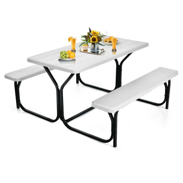 Outdoor Picnic Table Bench Set, All-Weather Metal Frame Camping Table with Built-in Benches & Wood-Like Tabletop for Backyard, Patio, Poolside