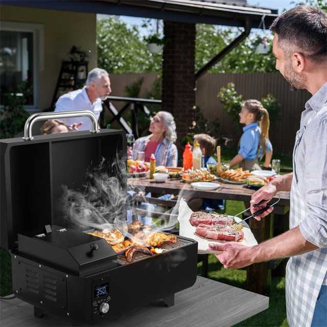 Pellet Grill and Smoker Portable Pellet Smoker Tabletop Wood Pellet Grill w/ Temperature Control, Removable Ash Pan, Grease Tray for Camping BBQ