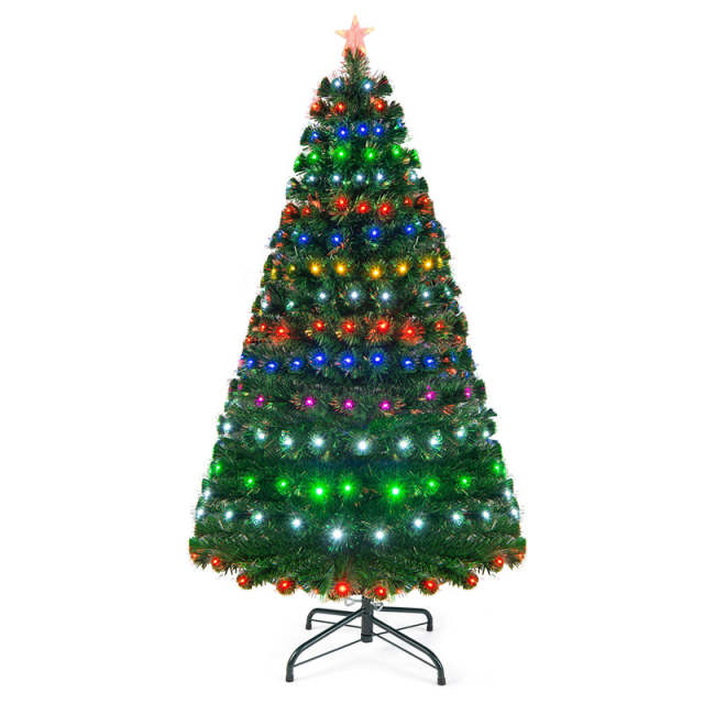 6FT Fiber Optic Artificial Christmas Tree Pre-Lit Xmas Full Tree 230 Branch Tips with Colorful LED Lights, 8 Lighting Modes & Metal Stand