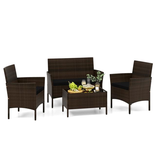 4PCS Patio Rattan Conversation Set Outdoor Garden Wicker Furniture Set with Loveseat Chair, Tempered Glass Coffee Table & Cushions