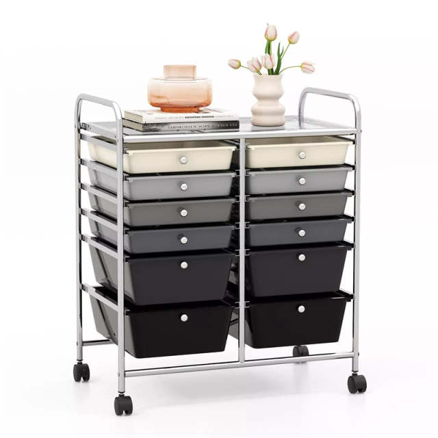 12-Drawer Rolling Storage Cart, Multipurpose Organizer Cart with Lockable Casters, Mobile Utility Cart for School Office Beauty Salon