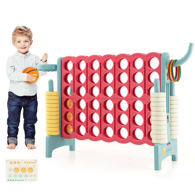 Giant 4-in-A-Row Game Set with 42 Jumbo Rings, Basketball Hoop, Quick-Release Slider, 2.5FT Indoor/Outdoor Connect Game for Kids & Adults