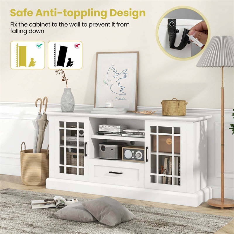 Farmhouse TV Stand for TVs up to 70", Entertainment Center Tall Media Console with 2 Glass Doors, Cubbies & Drawer, Living Room Storage Cabinet