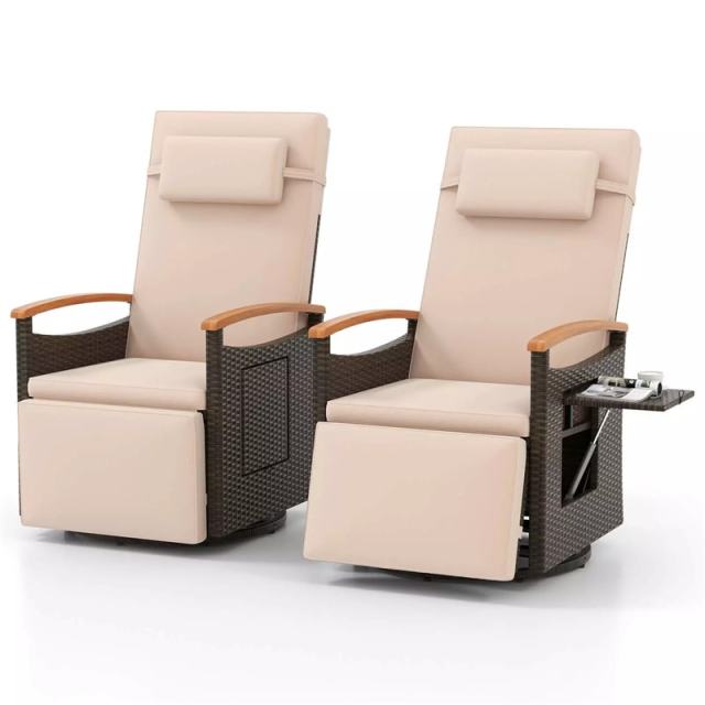 2PCS Outdoor 360° Swivel Rattan Recliner Chair, Patio Wicker Chaise Lounge Chair with Flip Side Table, Cushion, Adjustable Backrest & Footrest