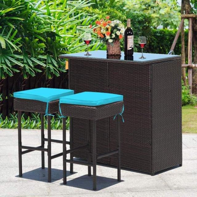 3-Piece Patio Rattan Wicker Bar Table Stool Set with Seat Cushions & Glass Top Table