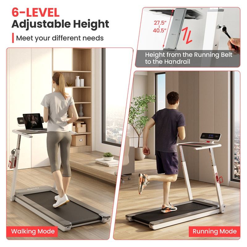 3HP Folding Treadmill w/Desk, Adjustable Height, APP Control, LED Display & 25 Preset Programs, Compact Walking Running Machine for Home Office