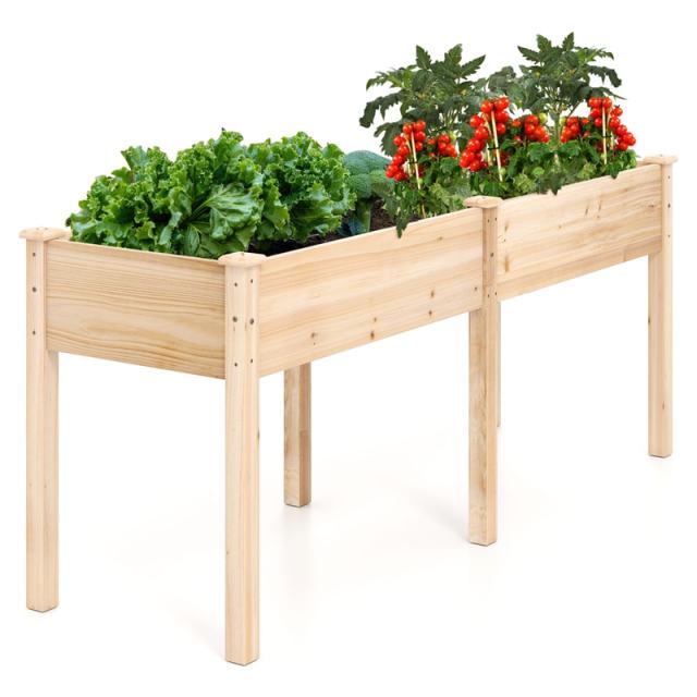 Wood Raised Garden Bed with Legs, Divider Panel & Drainage Holes, 73"x23"x30" Elevated Planter Box for Vegetables, Fruits, Flowers, Herbs
