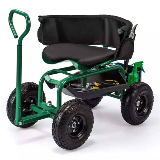 Rolling Garden Cart, Height Adjustable Garden Scooter with 360° Swivel Work Seat, Tool Tray, Storage Basket & Handle for Yard Gardening Work