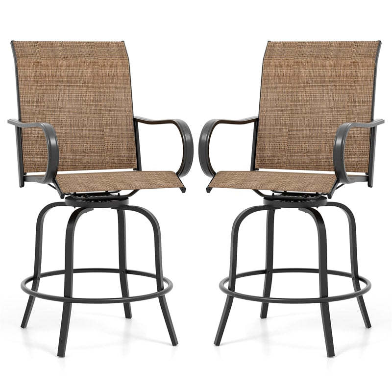 Outdoor Swivel Bar Stools Set of 2, All-Weather Steel Frame Bar Height Patio Chairs with Curved Armrests, High Back & Cozy Footrest