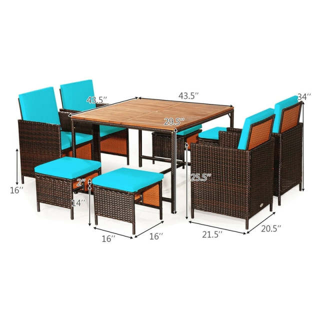 9-Piece Acacia Wood Rattan Patio Dining Set w/Cushioned Chairs, Ottomans & Umbrella Hole, Space Saving Outdoor Furniture for Backyard Garden