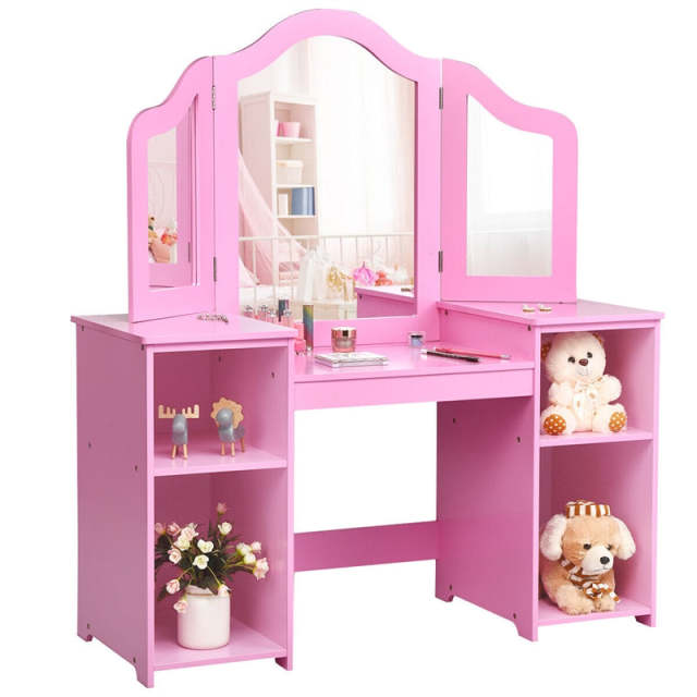 Kids Makeup Vanity Table, 2-in-1 Princess Dressing Table with Tri-folding Detachable Mirror & Storage Shelves, Pretend Play Girls Study Desk
