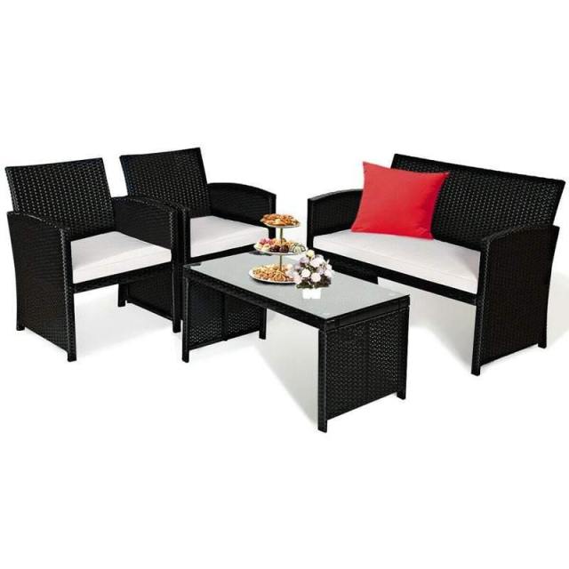 4-Piece Rattan Patio Furniture Set, Weather-Resistant Outdoor Wicker Conversation Sofa with Cushions & Tempered Glass Table for Backyard